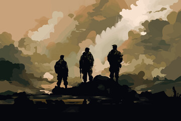 Silhouette of soldiers on patrol in the mountains. Vector abstract. Generative AI technology.