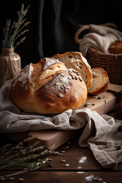 Fresh bread on wooden table. AI