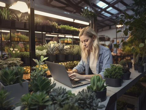 Beautiful young female florist working with laptop in flower shop, Generative AI
