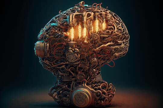 Artificial intelligence. Human brain machine in steampunk style. AI generative