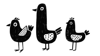 Monochrome set of Funny Birds. Black hand drawn Birdies. Doodle style.