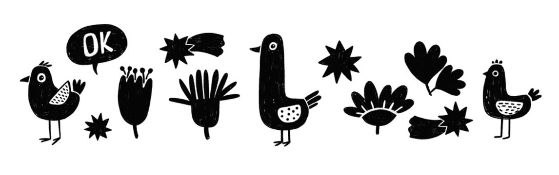 Monochrome set of  funny cartoon doodles style birds and flwers. Brush drawn birds, flowers and elements, Sketchy style