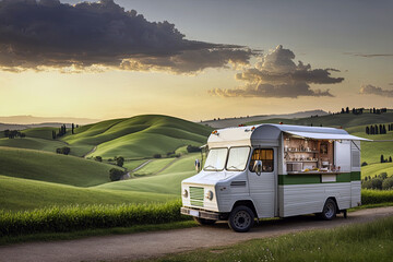 A Food Truck Parked On A Winding Country Road, With Green Fields And Rolling Hills In The Background . Generative AI