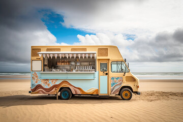 A Food Truck Parked On A Wooden Boardwalk, With The Sea And Sand In The Background . Generative AI