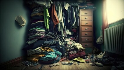 A Disorganized Closet With Clothes Spilling Out Onto The Floor . Generative AI
