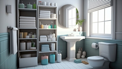 A Clean And Tidy Bathroom With All Items Neatly Stored . Generative AI