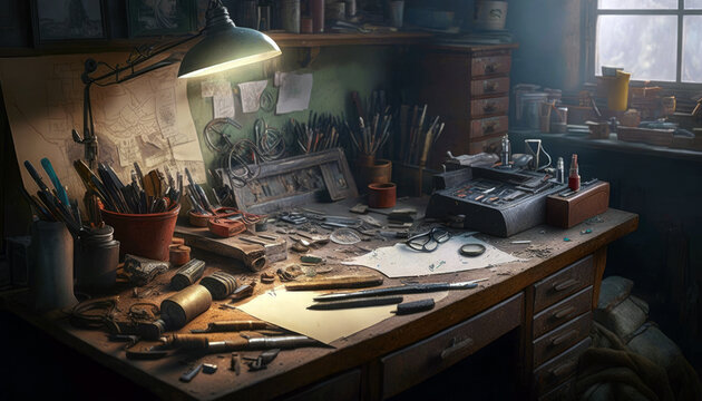 A Cluttered Workbench With Tools And Materials Strewn About . Generative AI