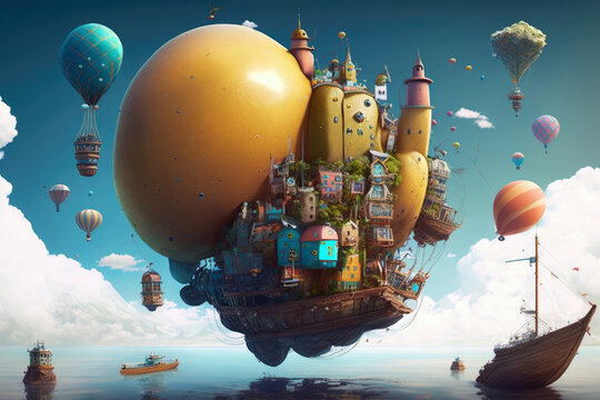 A Floating City With Colorful Balloons And Airships . Generative AI
