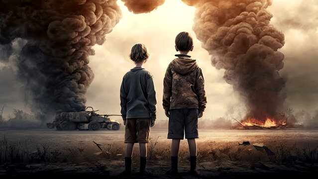 Sad children stand in war field with fire and smoke in the background. Unhappy children stand in a batterfield with burning tank. Generative AI