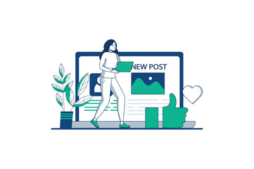 Content manager blue outline concept with people scene in the flat cartoon style. Content manager monitors the correct publication of content on the site. Vector illustration.