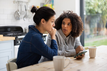 Worried lesbian couple at home looking at personal finances using a smartphone