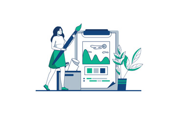 Design studio blue outline concept with people scene in the flat cartoon style. Girl creates pictures with her own design. Vector illustration.