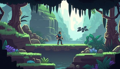 Scenery for a 2D platform game, background for retro game, Generative AI