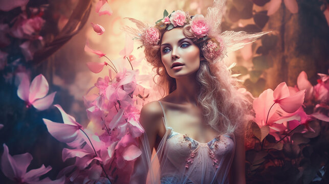 Surprisingly beautiful woman - flower fairy in pink fantasy garden. Generative AI.