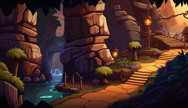 Scenery for a 2D platform game, background for retro game, Generative AI