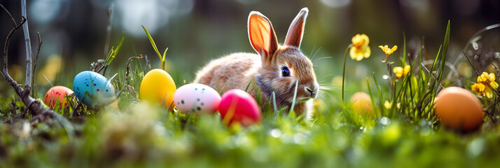 Banner of Cute Bunny Sitting in Basket with Easter Eggs on Green Grass under Spring Sunlight. Generative AI