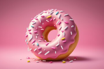 Donut with pink icing and sprinkles isolated on pink background, Generative AI