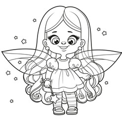 Cute cartoon girl fairy with magic wand outlined for coloring page on white background