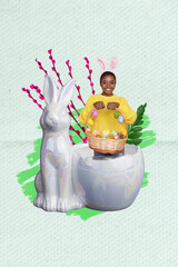 Vertical collage image of cheerful mini girl inside bunny rabbit sculpture statue hold painted easter eggs basket isolated on drawing background