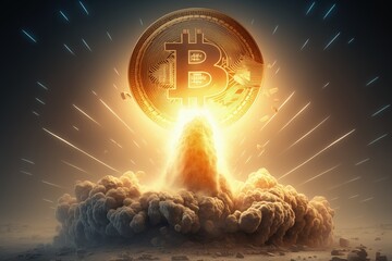 Bitcoin taking off like a rocket releasing blasts of fire and smoke, Generative AI