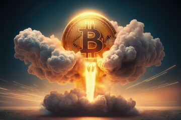Bitcoin taking off like a rocket releasing blasts of fire and smoke, Generative AI