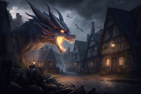Dragon attacking middle ages village, dragon wallpaper, Generative AI