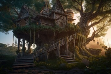 Tree house landscape in fantasy world, Generative AI