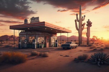Gas station on a deserted country road at sunset, Generative AI - obrazy, fototapety, plakaty