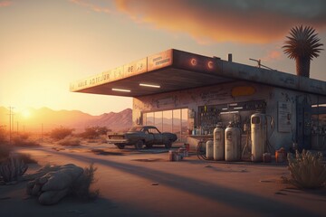 Gas station on a deserted country road at sunset, Generative AI - obrazy, fototapety, plakaty