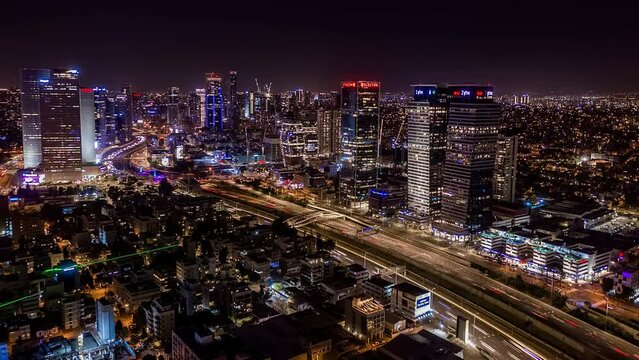 Tel Aviv skyline aerial drone view hyper lapse timelapse 4k, Menahem Begin, Israel night