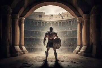 Roman gladiator inside the coliseum, Gladiator inside battle arena, Generative AI - obrazy, fototapety, plakaty