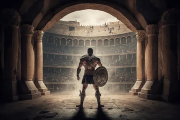 Fotobehang Roman gladiator inside the coliseum, Gladiator inside battle arena, Generative AI © Kaleb