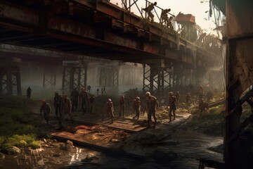 Horde of zombies passing over bridge in post apocalyptic world, zombie apocalypse background, Generative AI