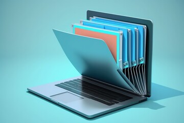 Laptop with file folder on screen, blue background, Generative AI - obrazy, fototapety, plakaty
