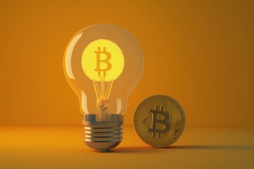 Bitcoin inside light bulb, isolated on yellow background, Generative AI