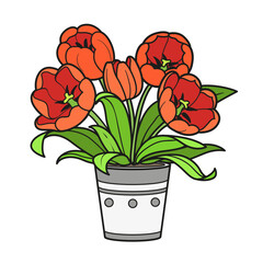 Tulips flowers in pot coloring book color variation isolated on white background