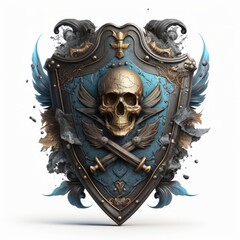 Pirate coat of arms with shield and skull, pirate emblem on white background, Generative AI
