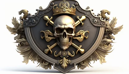 Fotobehang Pirate coat of arms with shield and skull, pirate emblem on white background, Generative AI © Kaleb