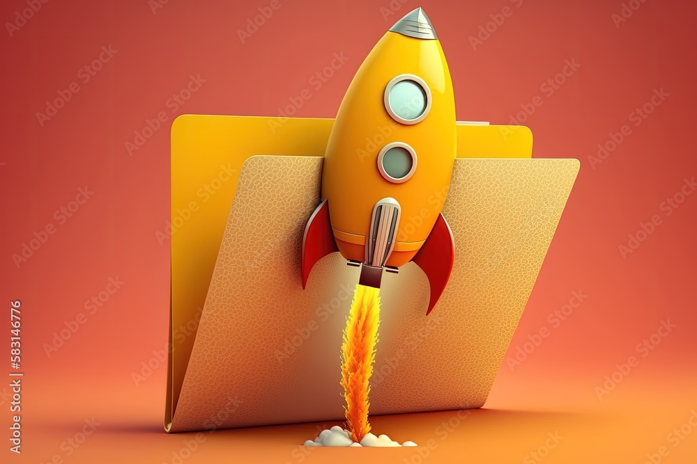 Wall mural rocket taking off and file folder on orange background, generative ai