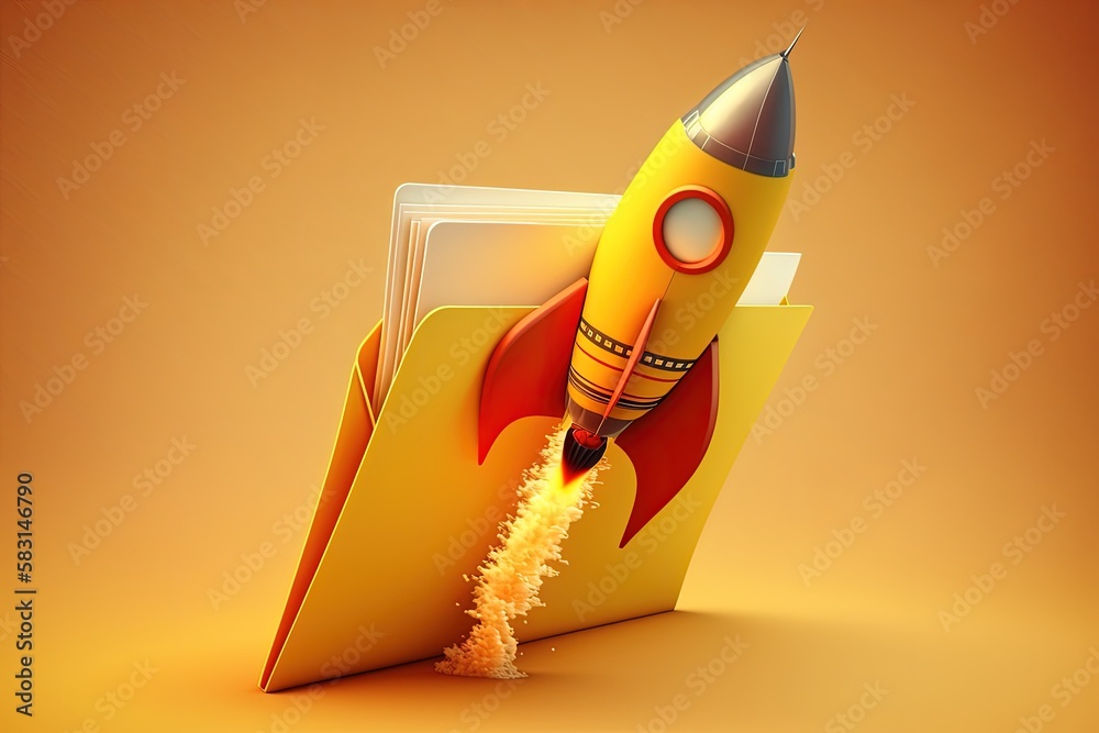 Wall mural rocket taking off and file folder on yellow background, generative ai