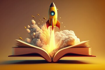 Rocket coming out of open book, isolated on yellow background, Generative AI