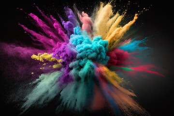 Colored creative dust powder or smoke splash explosion isolated on black background. Colorful ink creativity concept idea. Ai generated