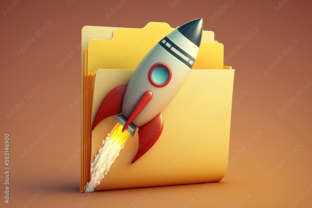 Wall mural rocket taking off and file folder on yellow background, generative ai