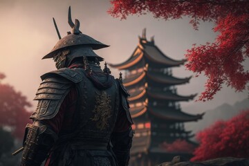 Samurai and oriental temple in the background, samurai with armor, Generative AI