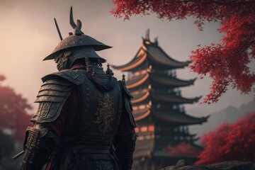 Obraz premium Samurai and oriental temple in the background, samurai with armor, Generative AI