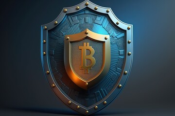 Bitcoin shield isolated on blue background, bitcoin security concept, Generative AI
