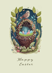Decorative vintage easter illustration template. Birds and eggs in a basket in a beautiful forest for banner or greeting card with space for your text. Generative AI digitally edited by hand.