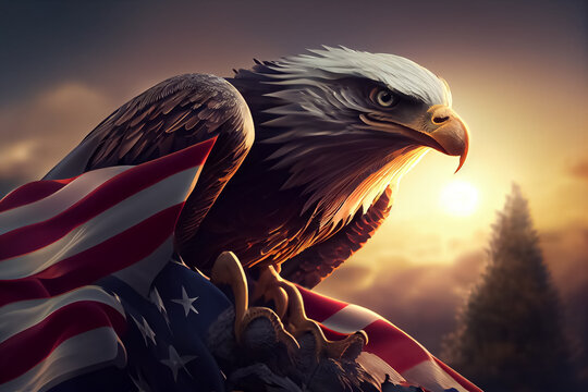 illustration of bald eagle symbol with United States of America flag. AI