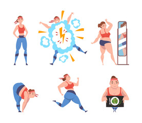 Plakat Overweight Woman Character Training Getting Fit Vector Set