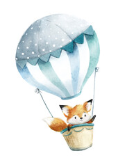 Cute fox in a hot air balloon. 
Hand-painted watercolor illustration isolated on white background.